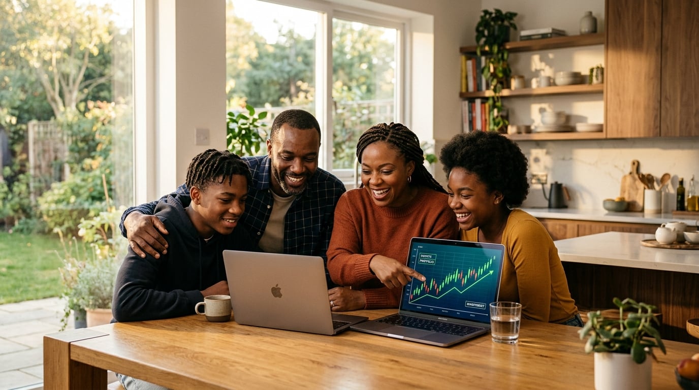 An African American family learning about stock options together on their laptop